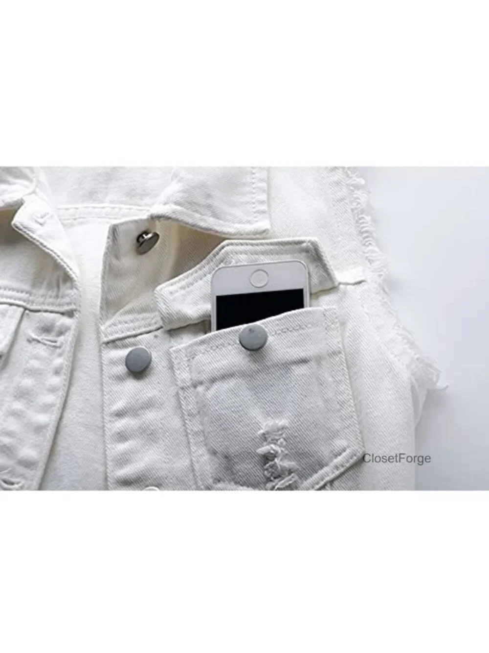 Sleeveless Button Front Ripped Denim Vest Jacket with Pockets